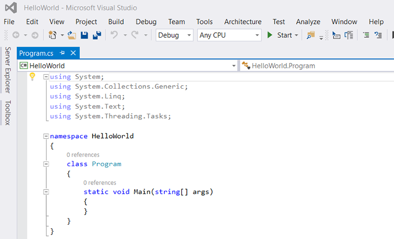 Creating the C# hello world program